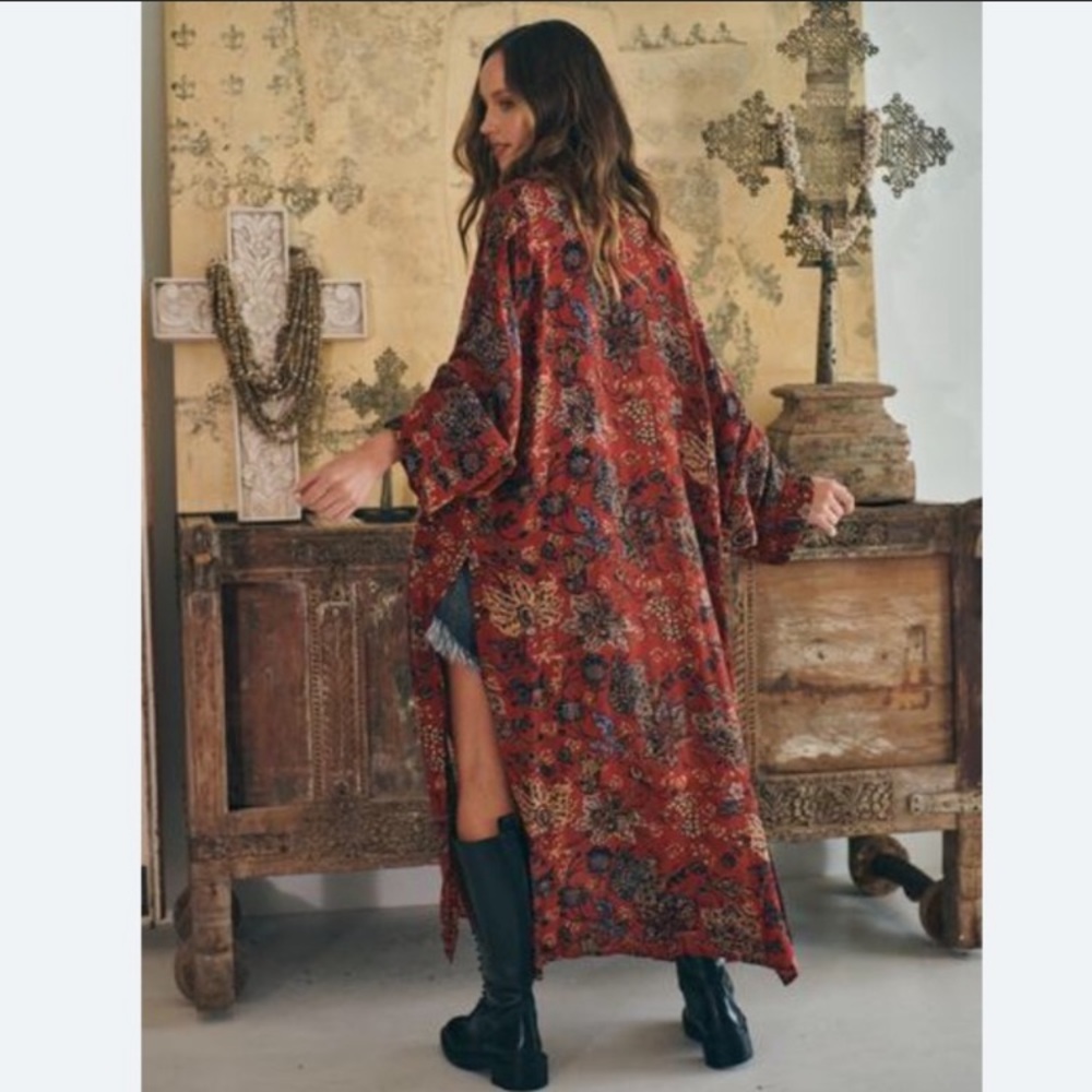 Free People Floral Kimono Robe - Red and Blue